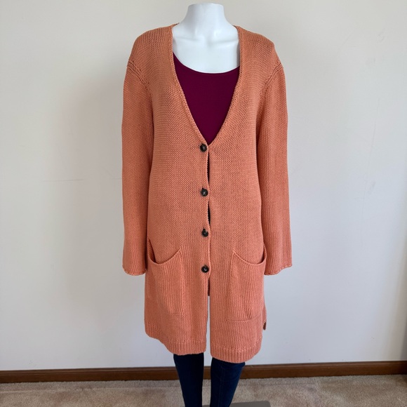 Lafayette 148 Cotton Silk Button Front Long Knit Cardigan Peach Orange Sz L - Picture 3 of 15